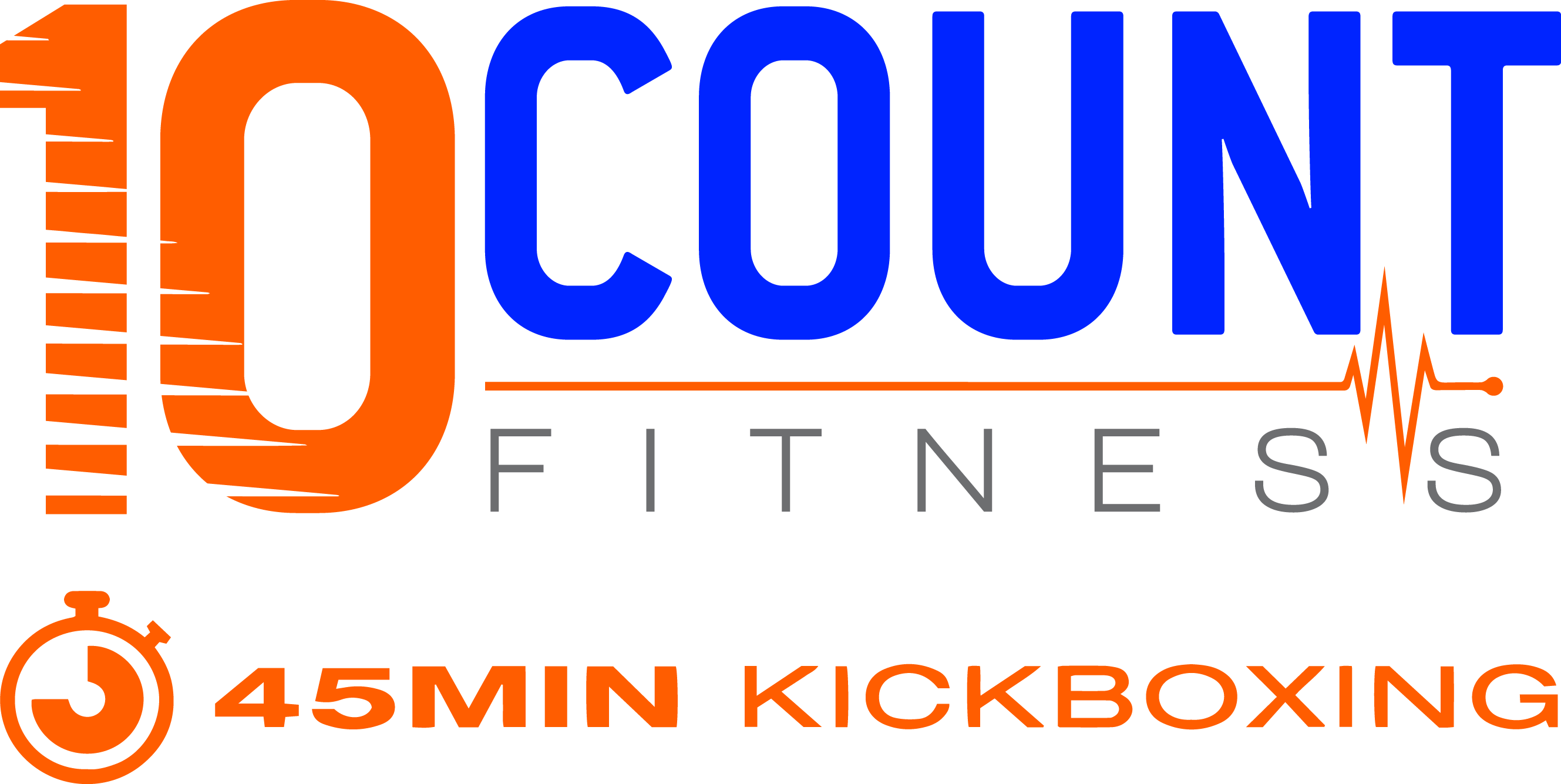 Orange and blue texts show the 10 count fitness in 45 min kickboxing logo