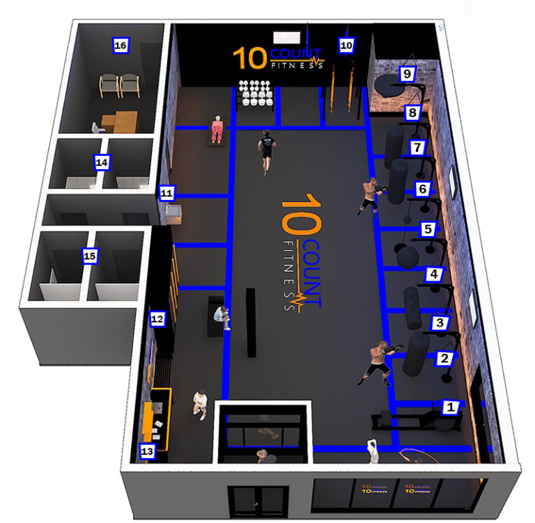 Architectural plan of 10countfitness studio with stations numbers
